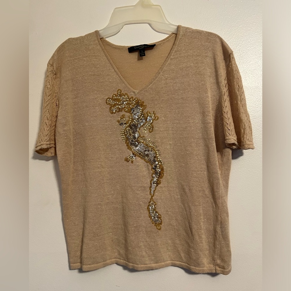 Christine Phillipe Vtg Limage Top Women’s L Sequined Dragon linen Crochet lace